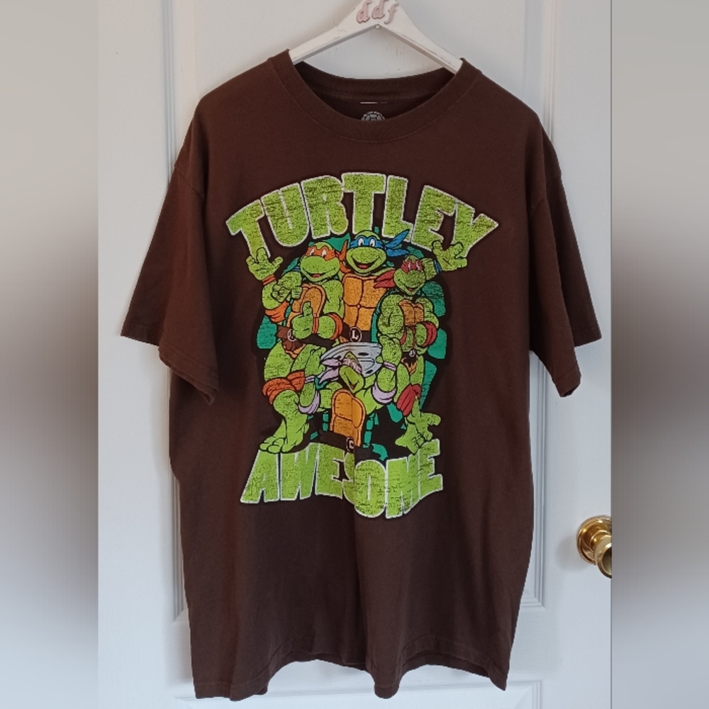TMNT RETRO "TURTLEY AWESOME" 2009 MIRAGE STUDIOS INC XL 100% COTTON BROWN TEE